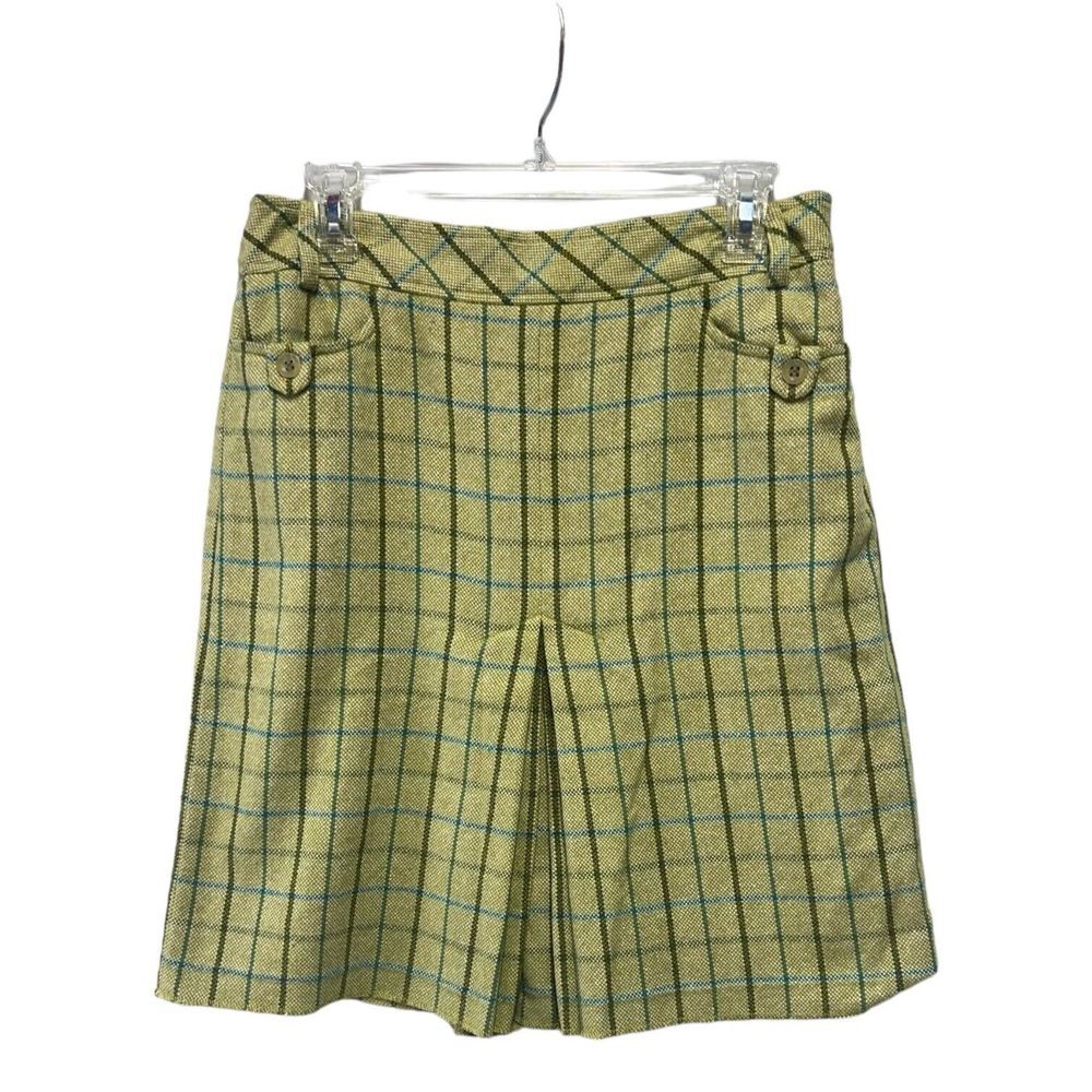 Ann Taylor Loft Women's Wool Skirt Green‎ Lined Plaid 8P Pleated With Pockets